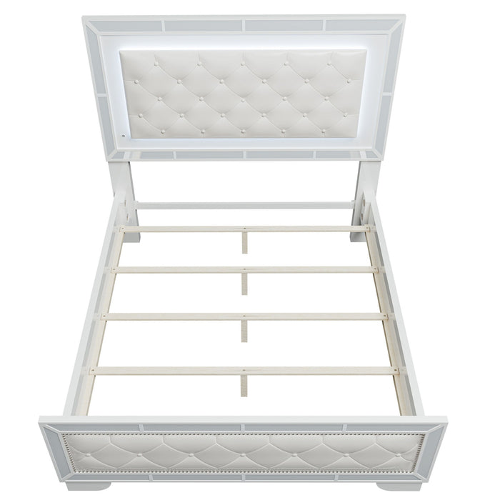 Eastern King Size Bed With LED Lights And Mirror Trim - Cream / Ivory