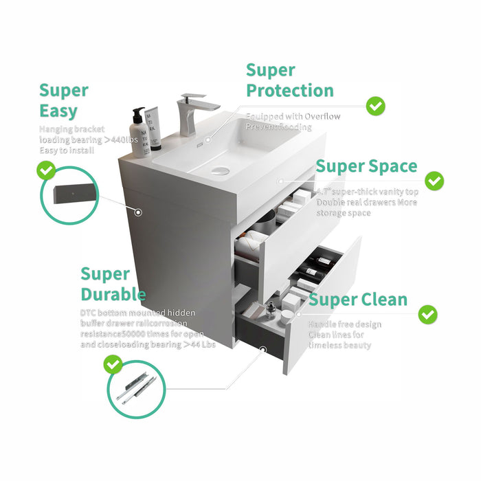 Alice - Bathroom Vanity With Large Storage, Sink Wall Mounted Floating Bathroom Vanity For Modern Bathroom, One-Piece Sink Basin Without Drain And Faucet