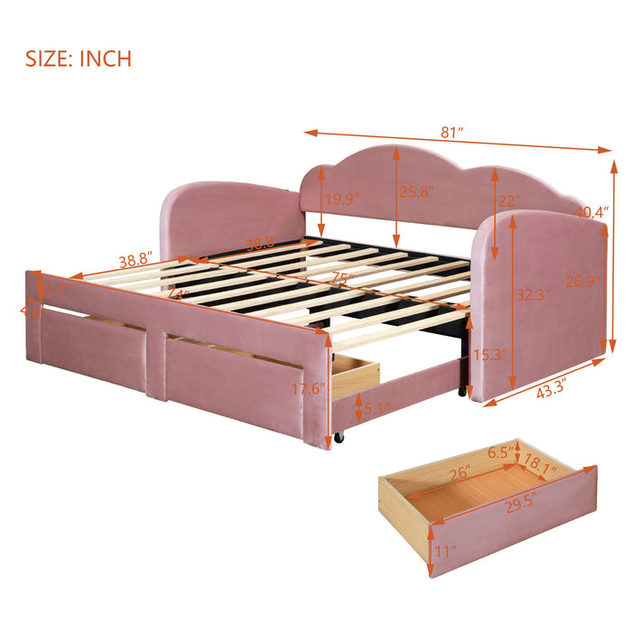 Upholstered Daybed With Cloud-Shaped Backrest, Trundle & 2 Drawers And USB Ports