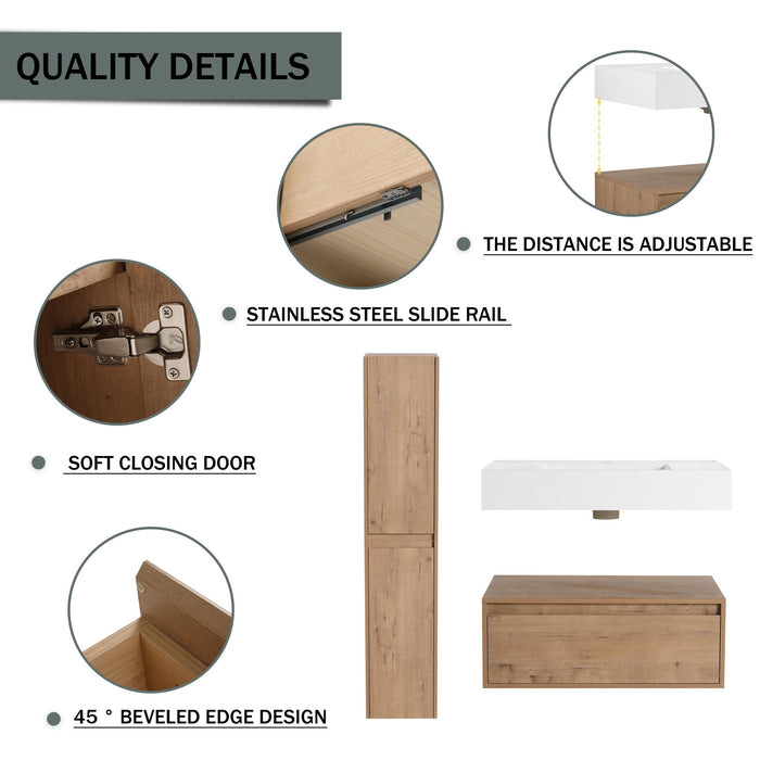 Modern Wall Mounted 30 Inch Bathroom Vanity With Resin Sink And 2 Side Cabinet In Imitative - Imitative Oak