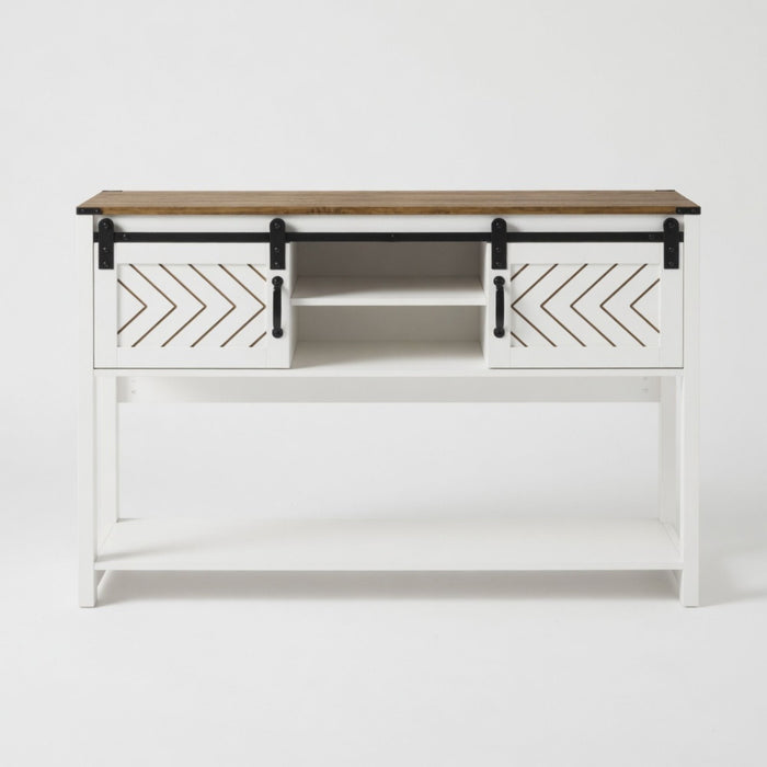 Entryway Table With Sliding Barn Door Storage - White / Oak