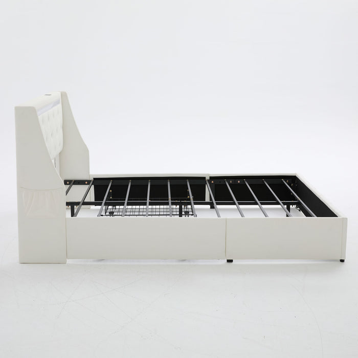 Wingback Upholstered Bed Frame With LED Lights, Charging Station