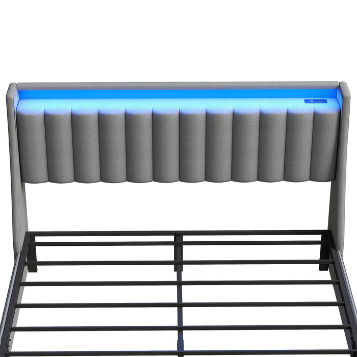 Upholstered Platform Bed Frame With RGB LED Lights, Charging Station & 2 Underbed Drawers
