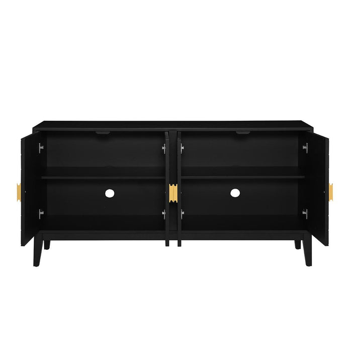 4 Door Sideboard Storage Cabinet For Living Room And Dining Room, 2 Large Cabinets With Gold Handles And Adjustable Shelf - Black