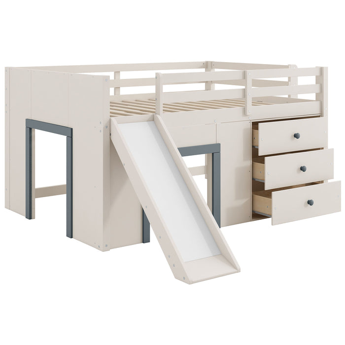 Modern Low Loft Bed With Slide, 3 Storage Drawers, And 2 Doors