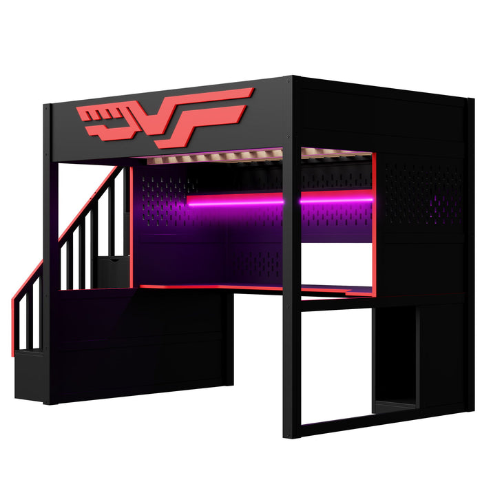 Full Gaming Loft Bed With Desk And Storage Staircase, LED Lights And USB - Red / Black