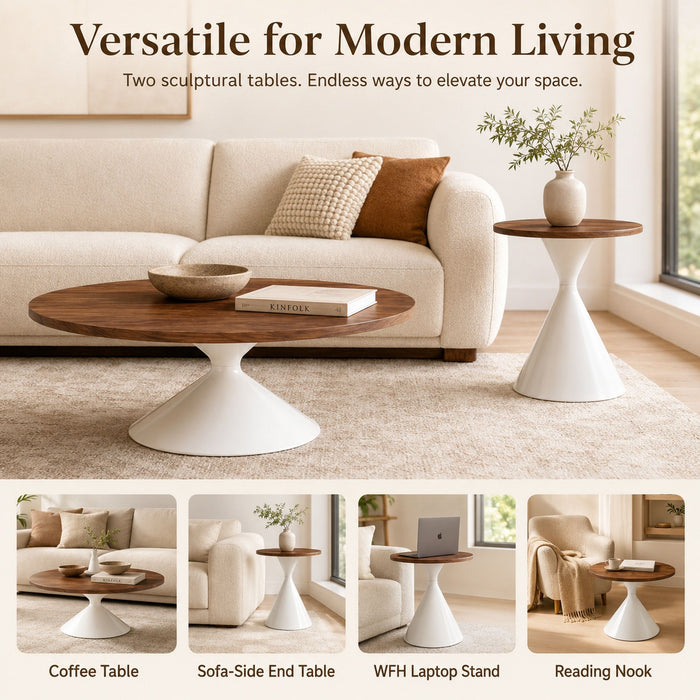 2 Piece Round Coffee Table Set - Walnut / White