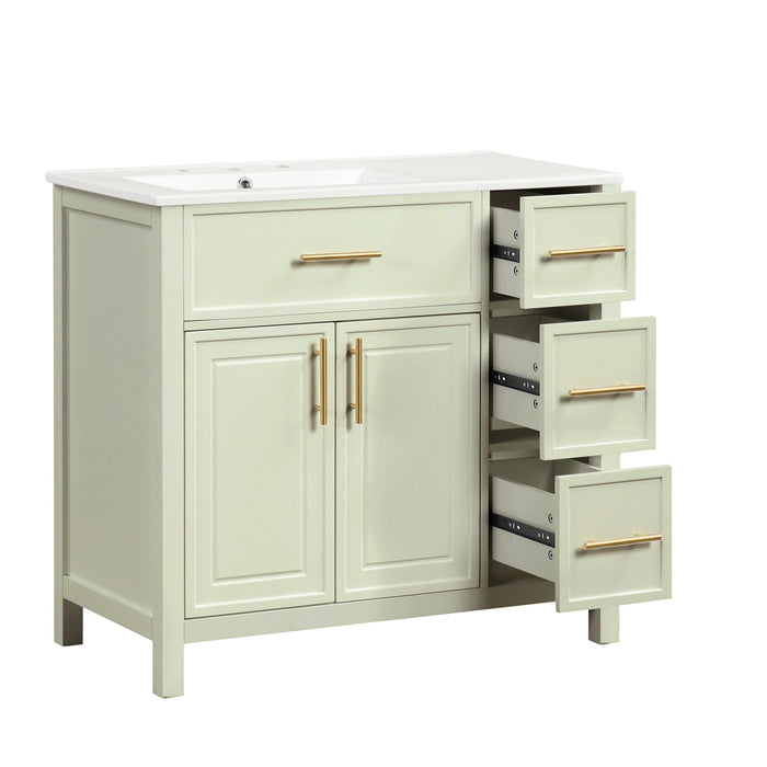 36" Bathroom Vanity With Sink, 2 Doors, 3 Drawers, Rectangular - White