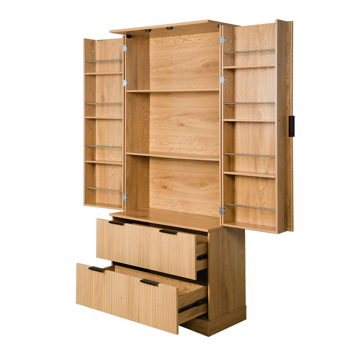 Fluted Kitchen Pantry Cabinet With 2 Large Drawers & 8 Door Spice Rack Freestanding Storage Organizer - Oak