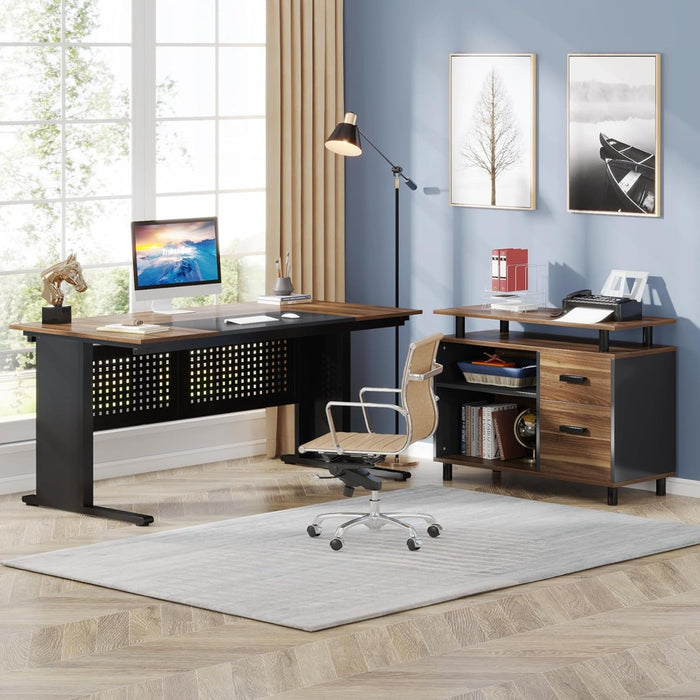 L-Shaped Executive Desk With File Cabinet , Office Workstation With Drawers, Shelves & Storage