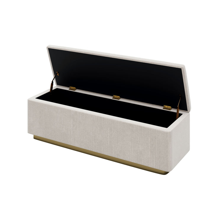 Chic Corduroy Upholstered Storage Ottoman With Vertical Stripe Design - Light Gray