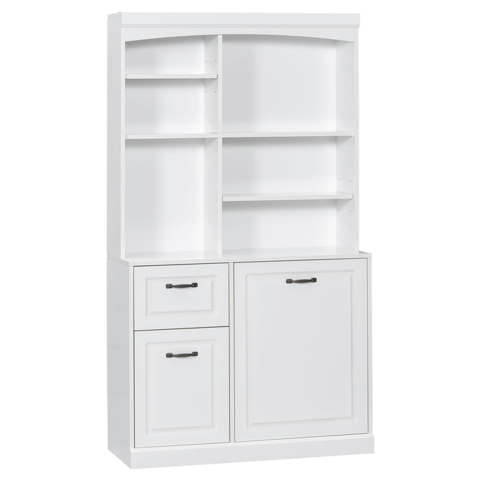 Bathroom Storage Cabinet With Tilt Out Hamper, Tall Free Standing Organizer With Drawers & Adjustable Shelves, Linen Tower With Steel Handles - White