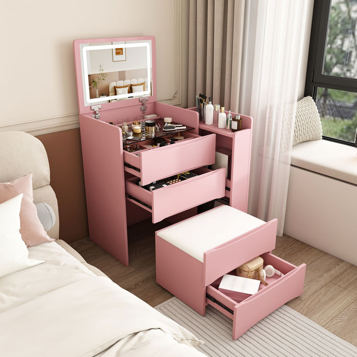 Flip Mirror Vanity Desk With Adjustable LED Lights & Stool For Bedroom