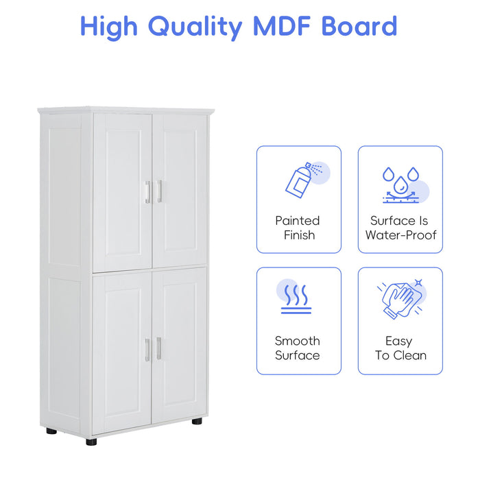 Tall And Wide Bathroom Floor Storage Cabinet With 4 Doors, Adjustable Shelves - White