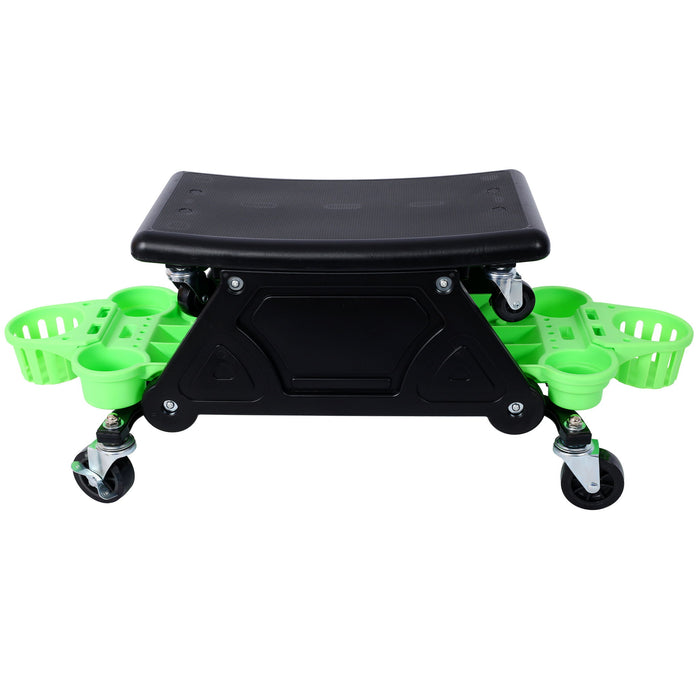 Rolling Detailing Creeper Seat With Wheels, Removable Tool Trays, 300 Lbs Capacity - Green