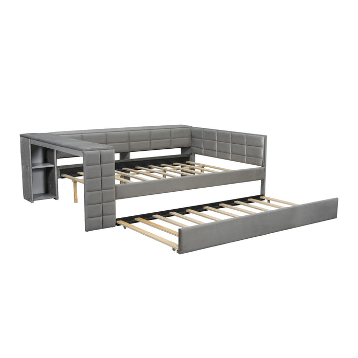 Upholstered Platform Bed With Storage Shelves, Desk, Charging Station And Trundle