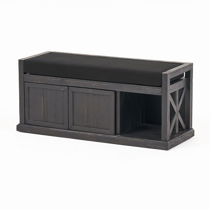 Wood Bench With 2 Open Shelves And Water Resistant Cushion - Dark Gray