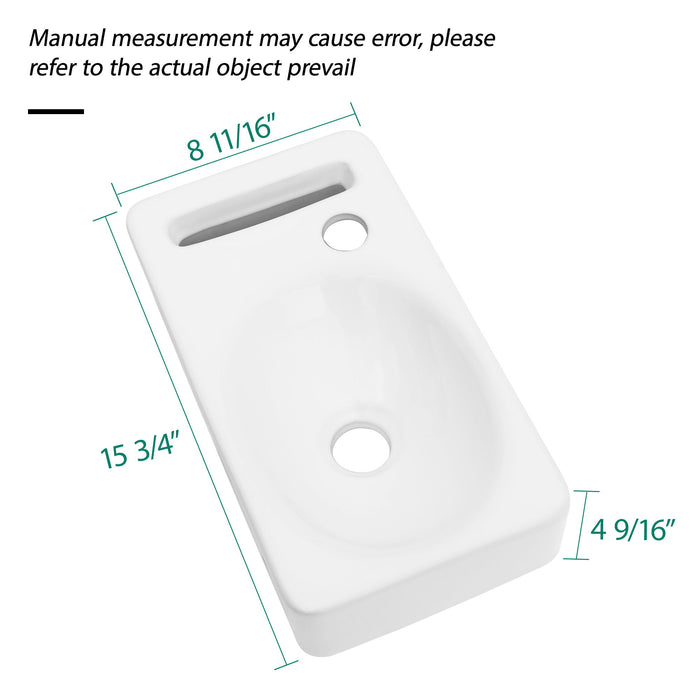 Rectangle, Wall Mount Bathroom Sink & Single Faucet Hole - White