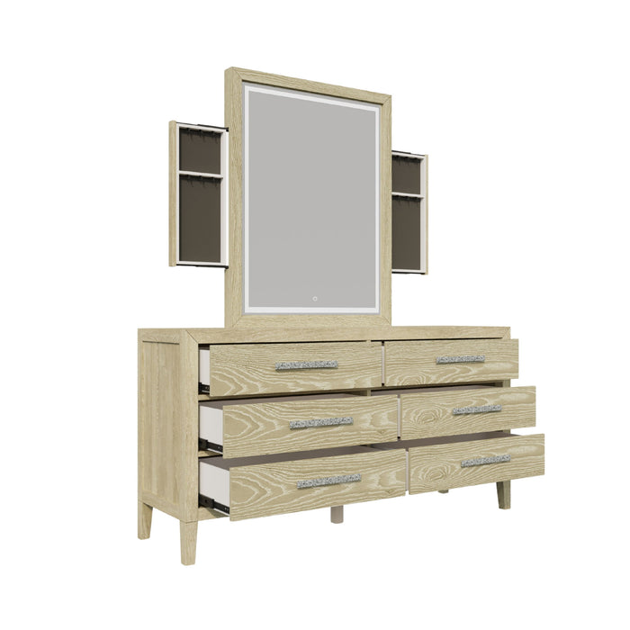Adeline - 6 Drawers Dresser & Mirror With Jewelry Box & LED Light - Natural Wood Wash