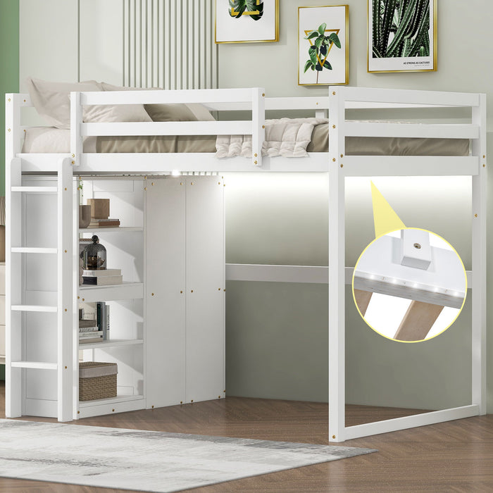 Loft Bed With Built In Wardrobe, Storage Shelves, And LED Light