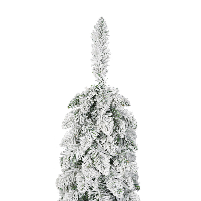 Slim Snow Flocked Pre Lit Pencil Christmas Tree, 3.9Ft / 5.9Ft / 7.9Ft With 750 Branch Tips, 480 LED Lights, Warm Glow, For Indoor Holiday Decor - White
