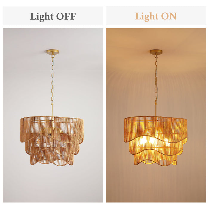 Chandelier With 7 Light E26 Base, Adjustable Height Wave Pendant Light For Living Room - Gold