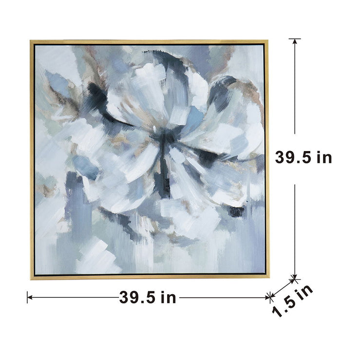 Large Modern Flower Oil Painting, SquareFrame Wall Art - Blue / Gray