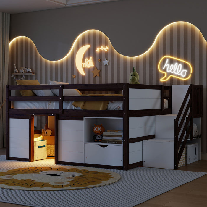 Low Loft Bed Frame With Built In Stairs, Storage Drawer, Shelf And 7 Color LED Light