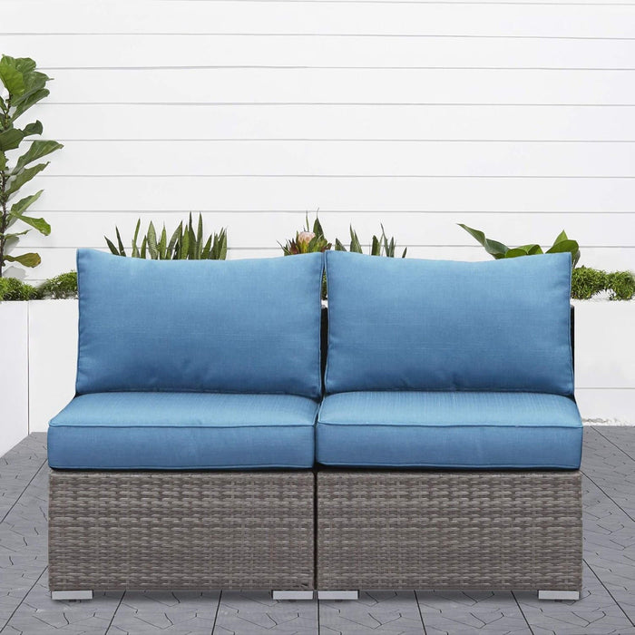 Armless Patio Sofa Set, With UV Resistant Frame And Waterproof Cushions - Blue / Brown