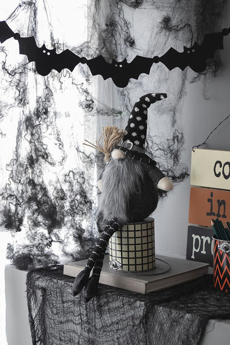 Sitting Gnome With Broomstick & Soft Legs, For Halloween Decor - Black White