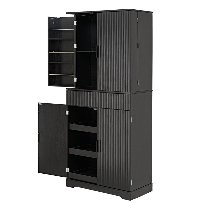 Fluted Kitchen Pantry Cabinet With 3 Keyboard Drawers & 6 Adjustable Door Shelves