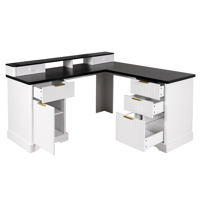 Fluted L-Shaped Desk With Charging Station & Storage Cabinet