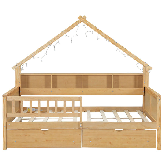 House Style Platform Bed With LED Lights, Storage Shelves, Drawers, And Guardrail