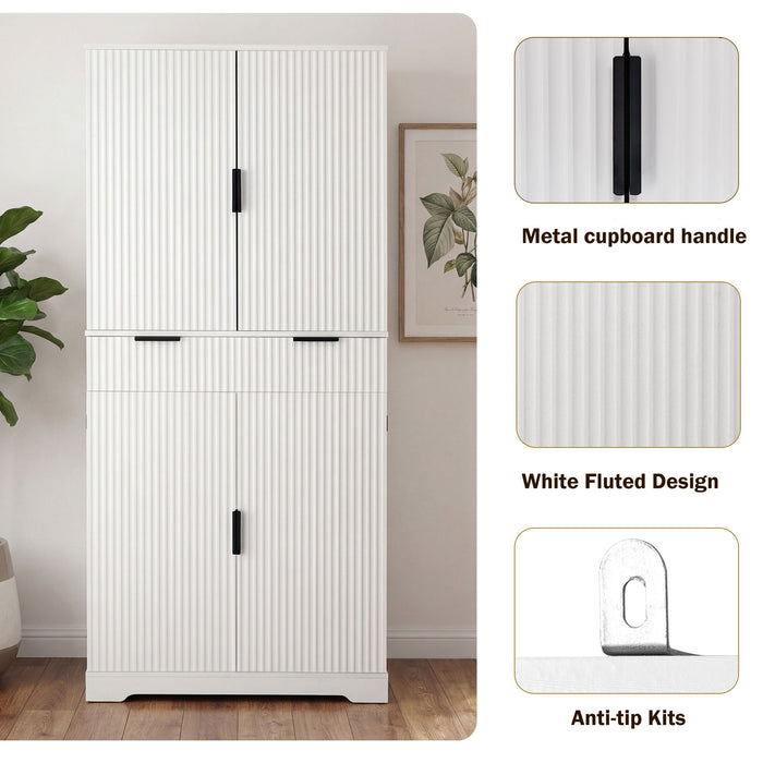 Fluted Kitchen Pantry Cabinet With 3 Keyboard Drawers & 6 Adjustable Door Shelves
