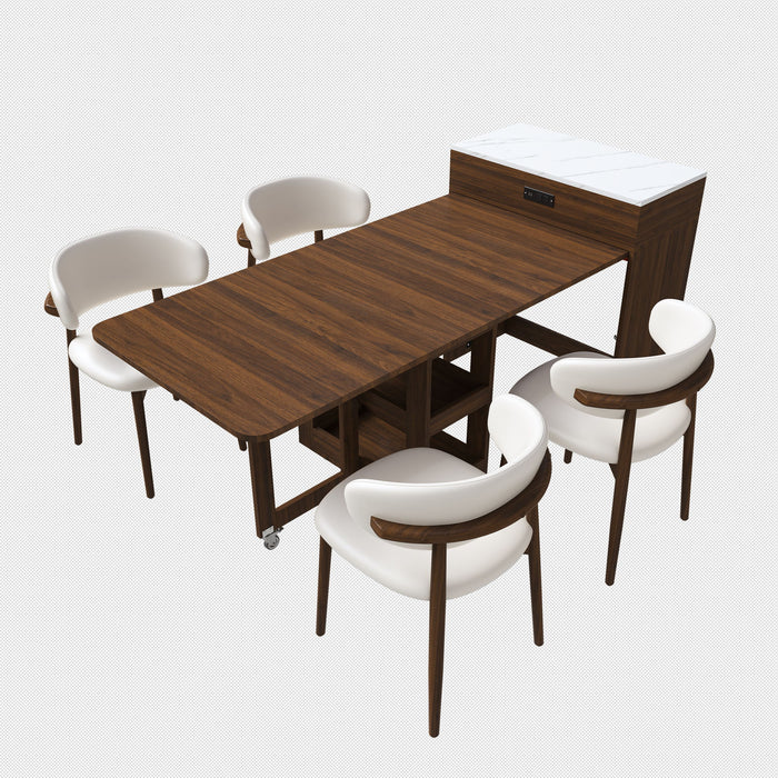 Extendable Dining Table With Power Socket, Lockable Casters, Storage Cabinet, Pull Out Kitchen Island - Natural Walnut
