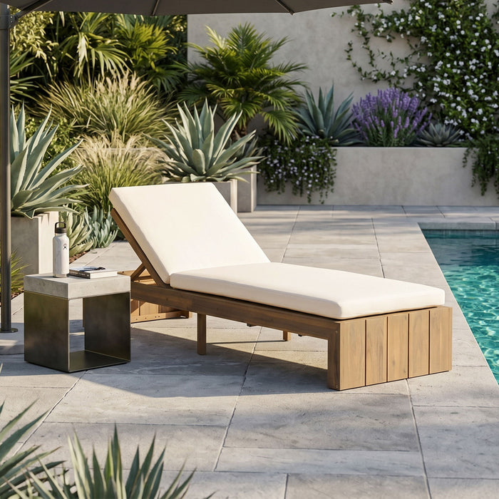 Adjustable Outdoor Chaise Lounge Patio Recliner - Beige / Light Teak