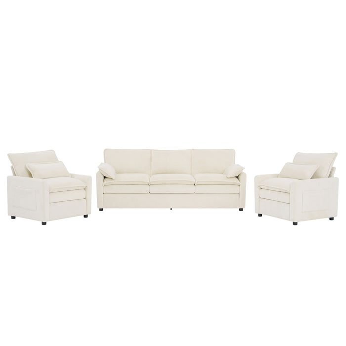 Modern Sofa Set With Double Layer Cushion And Side Storage Pockets