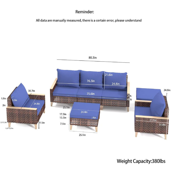 7 Pieces Patio, Wicker Dining Set With Removable Cushions Cotton And Rattan - Blue