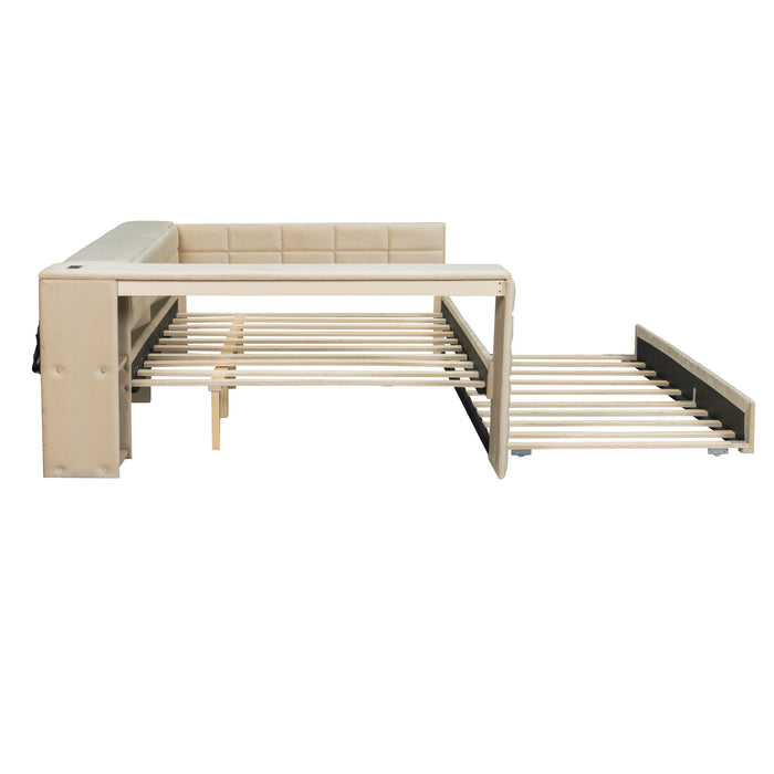 Upholstered Platform Bed With Storage Shelves, Desk, Charging Station And Trundle
