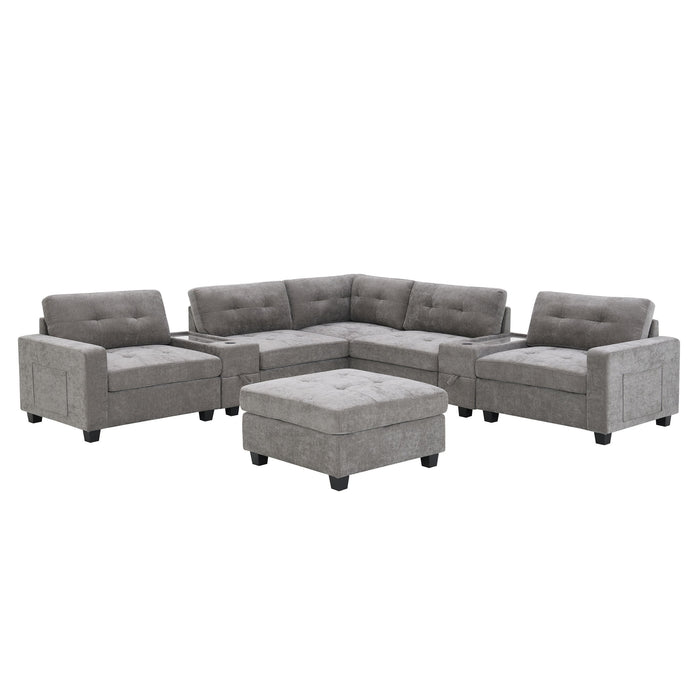 Sectional With Acrylic Table Top U Shaped Couch Set With 2 Consoles USB Charger, Storage Drawers And Pockets Movable Ottoman Tufted Sofa