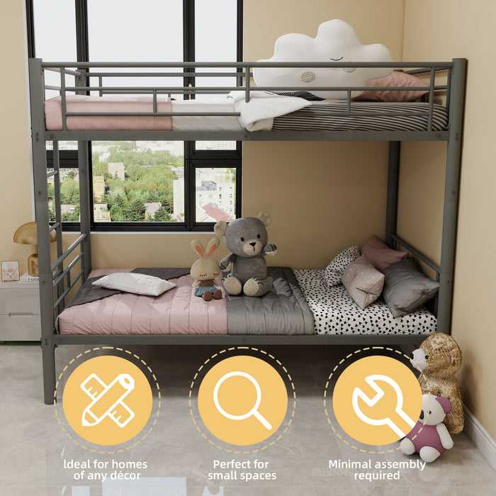 Metal Bunk Bed For Kids, Convertible Bedframe With Ladders & Guardrail