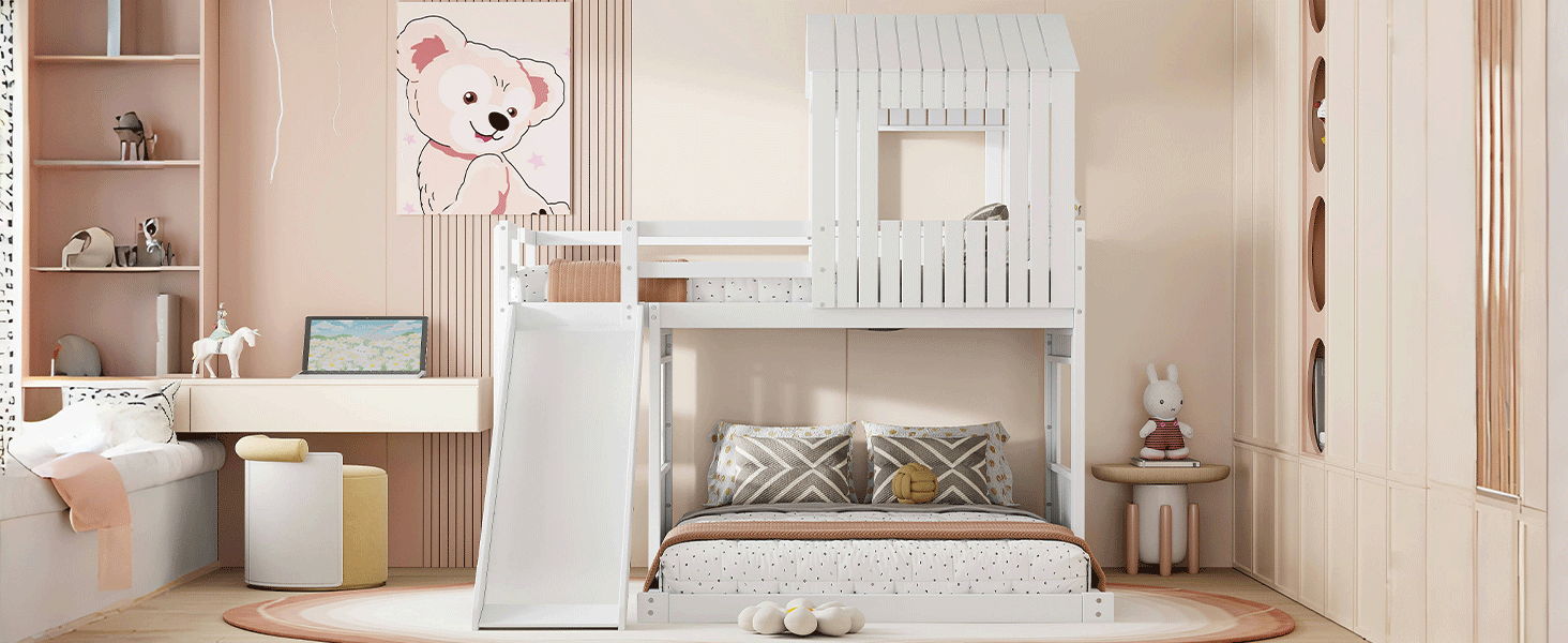 Loft Bunk Bed With Playhouse, Farmhouse, Ladder, Slide And Guardrails