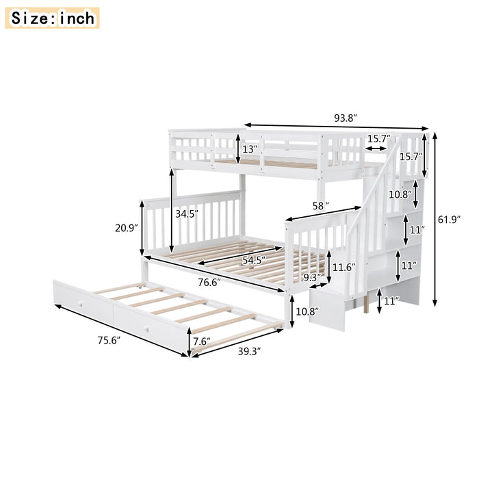Bunk Bed With Twin Size Trundle, Storage And Guard Rail For Bedroom