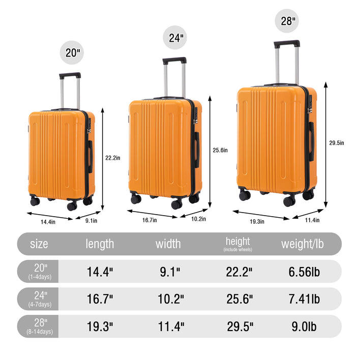 Spinner Luggage Set 20" / 24"/ 28", Lightweight Hard Shell With 360° Silent Wheels