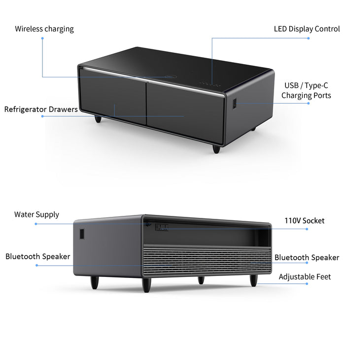 Modern Smart Coffee Table With Built-In Fridge, tooth Speaker, Wireless Charging Module, Touch Control Panel, Power Socket, USB Interface, Outlet Protection, Atmosphere Light