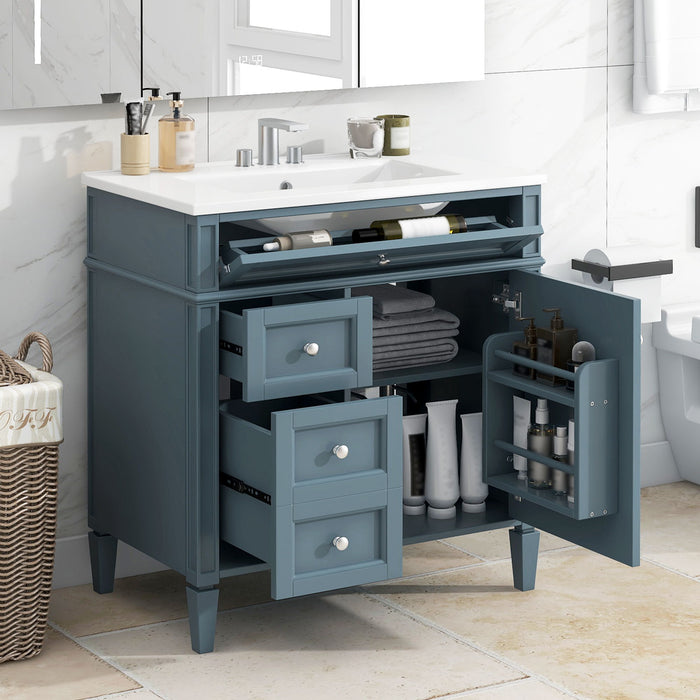 Bathroom Vanity With Top Sink, Storage Cabinet With 2 Drawers And Tip Out Drawer, Rectangular Design - Blue