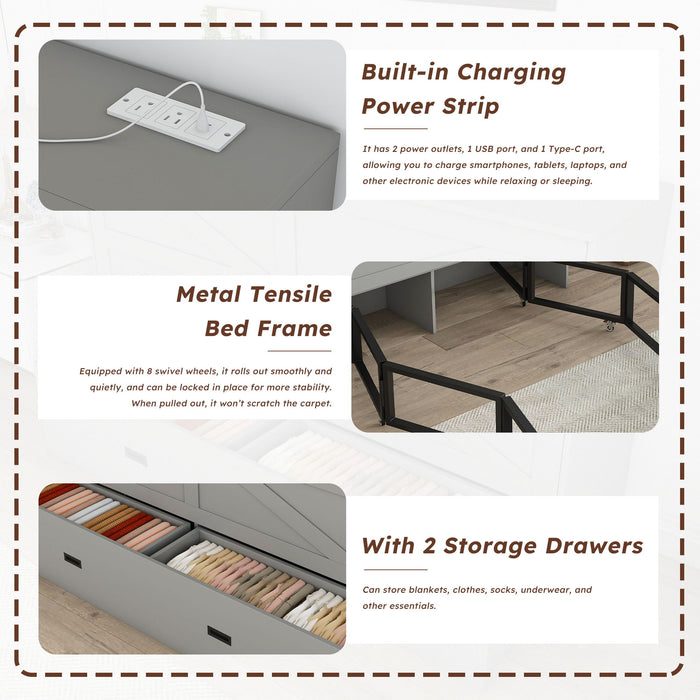 Murphy Bed With Storage Drawers And Charging Cabinet, Foldable Panels, Swivel Wheels