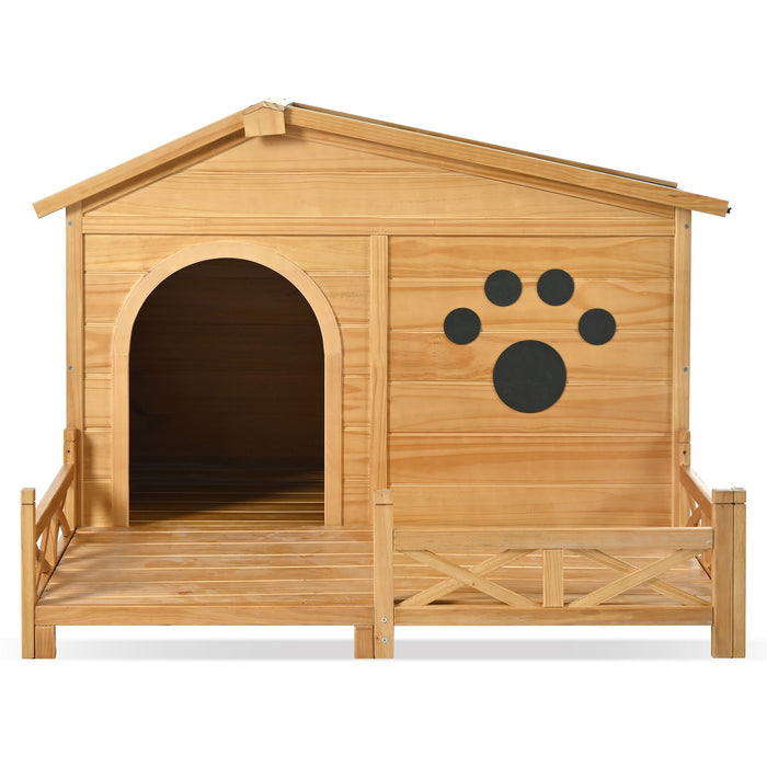 Wooden Dog House Outdoor With Porch, Dog Kennel With Water Resistant Asphalt Roof And Fencing, Indoor & Outdoor Dog Crate With Paw Print, Medium - Nature
