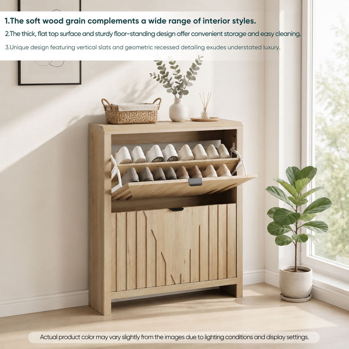 Entryway Shoe Cabinet With Vertical Carved Panels - Oak