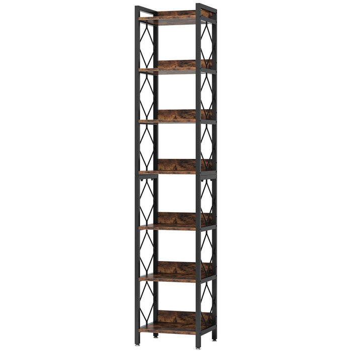 Extra Tall 7 Tier Narrow Corner Bookshelf Storage Display Rack For Living Room - Rustic Brown
